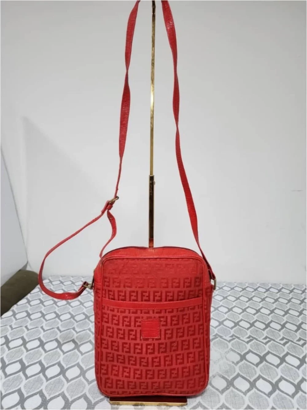 Authentic Fendi Vintage Zucchino Zucca Pattern Logo Crossbody Bag Red